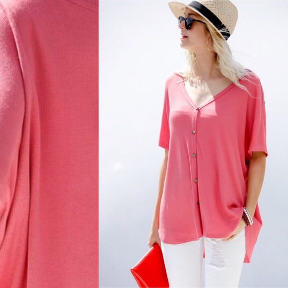 Waffle Knit Button Front Short Sleeve Top - Picture 4 of 5